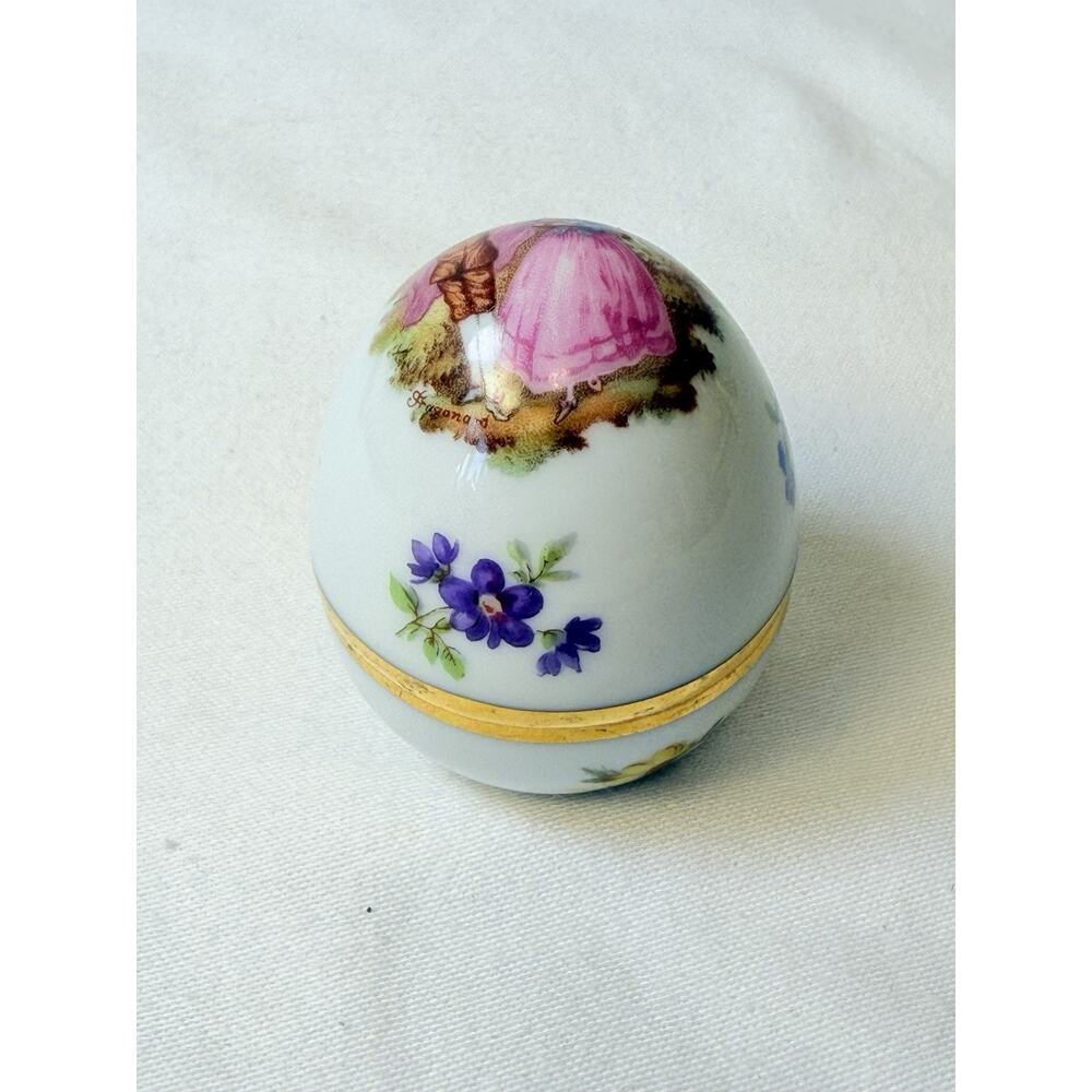Limoge Porcelain Courting Couple Floral Egg Trinket Box